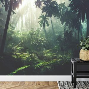 Papier Peint Dark Rainforest, Sun Rays Through The Trees, Rich Jungle Greenery. Atmospheric Fantasy Forest. 3D . – Image 7