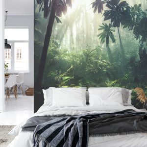 Papier Peint Dark Rainforest, Sun Rays Through The Trees, Rich Jungle Greenery. Atmospheric Fantasy Forest. 3D . – Image 8