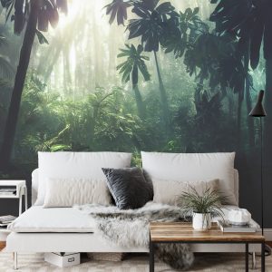 Papier Peint Dark Rainforest, Sun Rays Through The Trees, Rich Jungle Greenery. Atmospheric Fantasy Forest. 3D . – Image 3