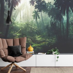 Papier Peint Dark Rainforest, Sun Rays Through The Trees, Rich Jungle Greenery. Atmospheric Fantasy Forest. 3D . – Image 4