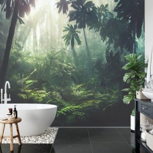 Papier Peint Dark Rainforest, Sun Rays Through The Trees, Rich Jungle Greenery. Atmospheric Fantasy Forest. 3D . – Image 5