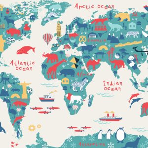 Papier Peint Map Of The World Wallpaper Design For Children's Room. Cute Design, Animals And Builds, Culture, Mural Art. – Image 1