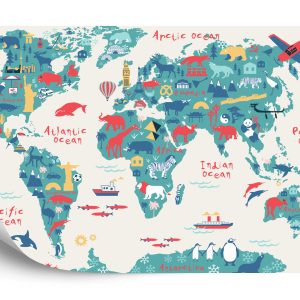 Papier Peint Map Of The World Wallpaper Design For Children's Room. Cute Design, Animals And Builds, Culture, Mural Art. – Image 2
