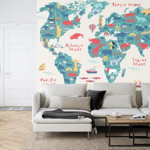 Papier Peint Map Of The World Wallpaper Design For Children's Room. Cute Design, Animals And Builds, Culture, Mural Art. – Image 6