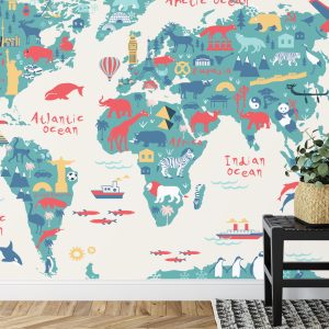 Papier Peint Map Of The World Wallpaper Design For Children's Room. Cute Design, Animals And Builds, Culture, Mural Art. – Image 7