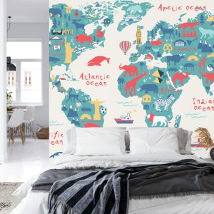 Papier Peint Map Of The World Wallpaper Design For Children's Room. Cute Design, Animals And Builds, Culture, Mural Art. – Image 8
