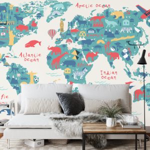 Papier Peint Map Of The World Wallpaper Design For Children's Room. Cute Design, Animals And Builds, Culture, Mural Art. – Image 3