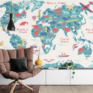 Papier Peint Map Of The World Wallpaper Design For Children's Room. Cute Design, Animals And Builds, Culture, Mural Art. – Image 4
