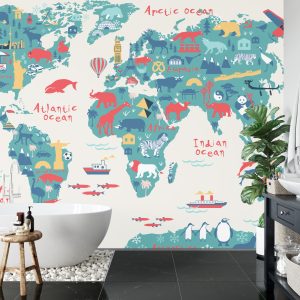 Papier Peint Map Of The World Wallpaper Design For Children's Room. Cute Design, Animals And Builds, Culture, Mural Art. – Image 5