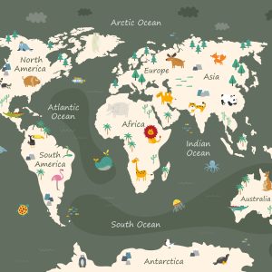 Papier Peint The World Map With Cartoon Animals For Kids, Nature, Discovery And Continent Name, Ocean Name. Children's Map Design For Wallpaper, Kids Room, Wall Art – Image 1