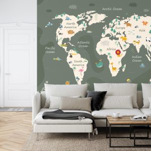 Papier Peint The World Map With Cartoon Animals For Kids, Nature, Discovery And Continent Name, Ocean Name. Children's Map Design For Wallpaper, Kids Room, Wall Art – Image 6