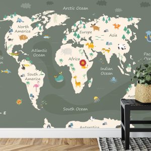 Papier Peint The World Map With Cartoon Animals For Kids, Nature, Discovery And Continent Name, Ocean Name. Children's Map Design For Wallpaper, Kids Room, Wall Art – Image 7