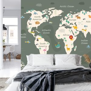 Papier Peint The World Map With Cartoon Animals For Kids, Nature, Discovery And Continent Name, Ocean Name. Children's Map Design For Wallpaper, Kids Room, Wall Art – Image 8