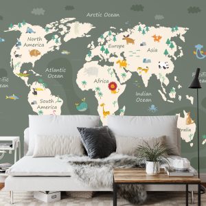 Papier Peint The World Map With Cartoon Animals For Kids, Nature, Discovery And Continent Name, Ocean Name. Children's Map Design For Wallpaper, Kids Room, Wall Art – Image 3