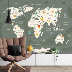 Papier Peint The World Map With Cartoon Animals For Kids, Nature, Discovery And Continent Name, Ocean Name. Children's Map Design For Wallpaper, Kids Room, Wall Art – Image 4
