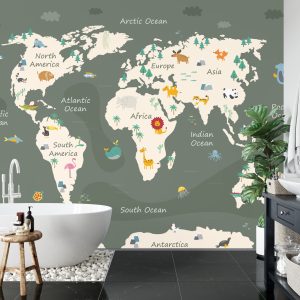 Papier Peint The World Map With Cartoon Animals For Kids, Nature, Discovery And Continent Name, Ocean Name. Children's Map Design For Wallpaper, Kids Room, Wall Art – Image 5