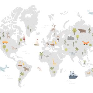 Papier Peint World Map With Cute Animals In Cartoon Style. Map For Nursery, Kids Room With Nature, Animals, Transports. Skandi – Image 1