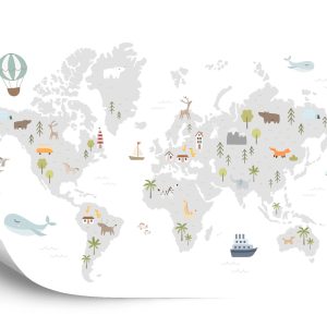 Papier Peint World Map With Cute Animals In Cartoon Style. Map For Nursery, Kids Room With Nature, Animals, Transports. Skandi – Image 2