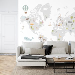 Papier Peint World Map With Cute Animals In Cartoon Style. Map For Nursery, Kids Room With Nature, Animals, Transports. Skandi – Image 6