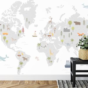 Papier Peint World Map With Cute Animals In Cartoon Style. Map For Nursery, Kids Room With Nature, Animals, Transports. Skandi – Image 7