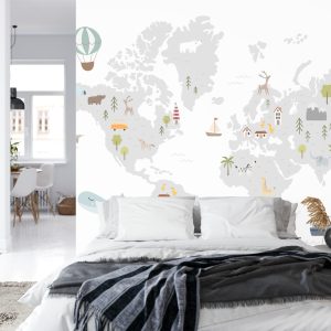 Papier Peint World Map With Cute Animals In Cartoon Style. Map For Nursery, Kids Room With Nature, Animals, Transports. Skandi – Image 8