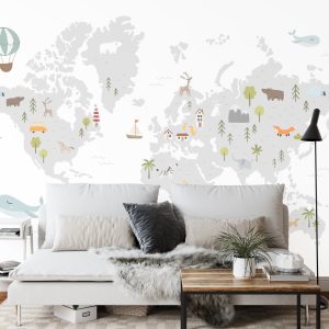 Papier Peint World Map With Cute Animals In Cartoon Style. Map For Nursery, Kids Room With Nature, Animals, Transports. Skandi – Image 3