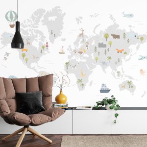 Papier Peint World Map With Cute Animals In Cartoon Style. Map For Nursery, Kids Room With Nature, Animals, Transports. Skandi – Image 4