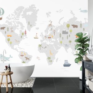 Papier Peint World Map With Cute Animals In Cartoon Style. Map For Nursery, Kids Room With Nature, Animals, Transports. Skandi – Image 5