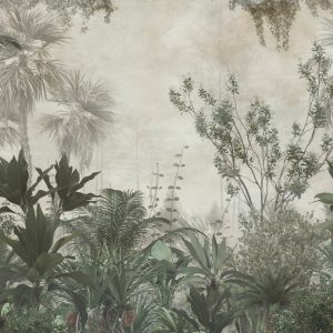 Papier Peint Tropical Trees And Leaves Wallpaper Design In Foggy Forest - 3D – Image 1