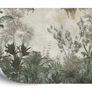Papier Peint Tropical Trees And Leaves Wallpaper Design In Foggy Forest - 3D – Image 2