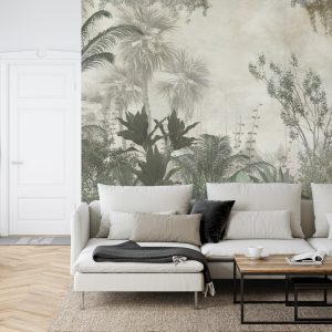 Papier Peint Tropical Trees And Leaves Wallpaper Design In Foggy Forest - 3D – Image 6