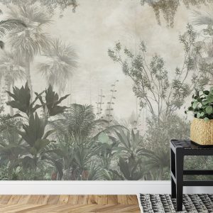 Papier Peint Tropical Trees And Leaves Wallpaper Design In Foggy Forest - 3D – Image 7