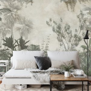 Papier Peint Tropical Trees And Leaves Wallpaper Design In Foggy Forest - 3D – Image 3