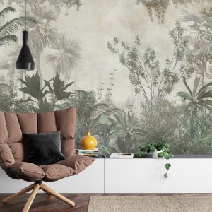 Papier Peint Tropical Trees And Leaves Wallpaper Design In Foggy Forest - 3D – Image 4