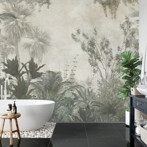 Papier Peint Tropical Trees And Leaves Wallpaper Design In Foggy Forest - 3D – Image 5