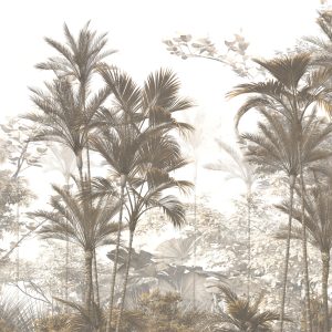 Papier Peint Tropical Trees And Leaves Wallpaper Design In Foggy Forest - 3D – Image 1