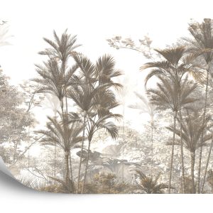 Papier Peint Tropical Trees And Leaves Wallpaper Design In Foggy Forest - 3D – Image 2