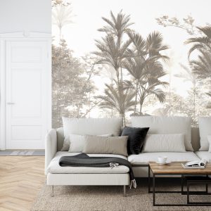 Papier Peint Tropical Trees And Leaves Wallpaper Design In Foggy Forest - 3D – Image 6