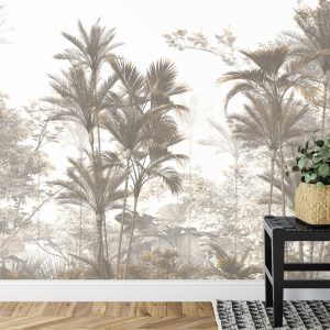 Papier Peint Tropical Trees And Leaves Wallpaper Design In Foggy Forest - 3D – Image 7