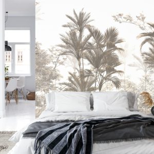 Papier Peint Tropical Trees And Leaves Wallpaper Design In Foggy Forest - 3D – Image 8