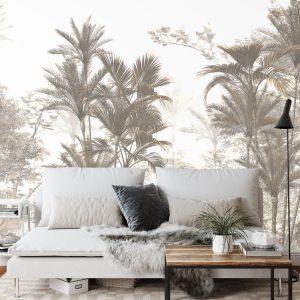 Papier Peint Tropical Trees And Leaves Wallpaper Design In Foggy Forest - 3D – Image 3