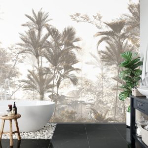 Papier Peint Tropical Trees And Leaves Wallpaper Design In Foggy Forest - 3D – Image 5
