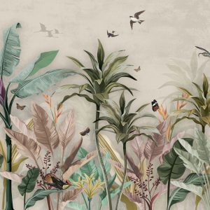 Papier Peint Wallpaper Palm Tropical Forest Vintage Jungle Pattern With Birds – Image 1