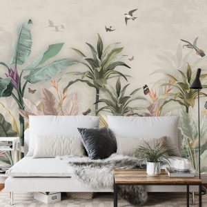 Papier Peint Wallpaper Palm Tropical Forest Vintage Jungle Pattern With Birds – Image 3
