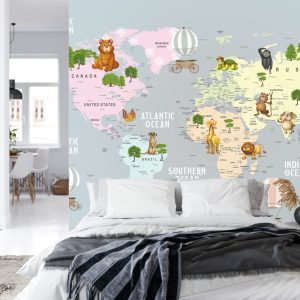 Papier Peint Animals World Map For Kids Wallpaper Design – Image 8