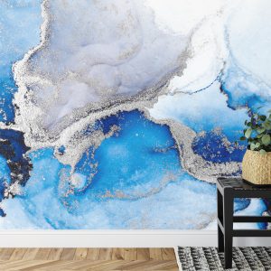 Papier Peint Blue Silver Abstract Background Of Marble Liquid Ink Art Painting On Paper . Image Of Original Artwork Watercolor Alcohol Ink Paint On High Quality Paper Texture . – Image 7