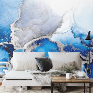Papier Peint Blue Silver Abstract Background Of Marble Liquid Ink Art Painting On Paper . Image Of Original Artwork Watercolor Alcohol Ink Paint On High Quality Paper Texture . – Image 3