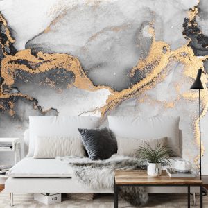 Papier Peint Black Gold Abstract Background Of Marble Liquid Ink Art Painting On Paper . Image Of Original Artwork Watercolor Alcohol Ink Paint On High Quality Paper Texture . – Image 3