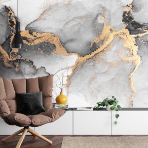 Papier Peint Black Gold Abstract Background Of Marble Liquid Ink Art Painting On Paper . Image Of Original Artwork Watercolor Alcohol Ink Paint On High Quality Paper Texture . – Image 4