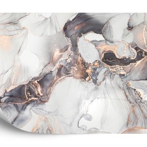 Papier Peint Luxury Abstract Fluid Art Painting In Alcohol Ink Technique, Mixture Of Black, Gray And Gold Paints. Imitation Of Marble Stone Cut, Glowing Golden Veins. Tender And Dreamy Design. – Image 2